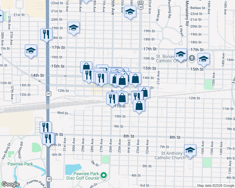 map of restaurants, bars, coffee shops, grocery stores, and more near 2520 12th Street in Columbus