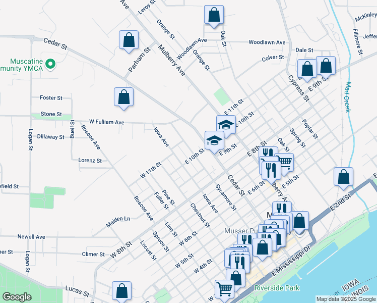 map of restaurants, bars, coffee shops, grocery stores, and more near 1010 Sycamore Street in Muscatine
