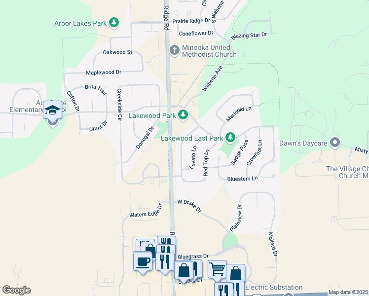 map of restaurants, bars, coffee shops, grocery stores, and more near 1430 Plantain Drive in Minooka
