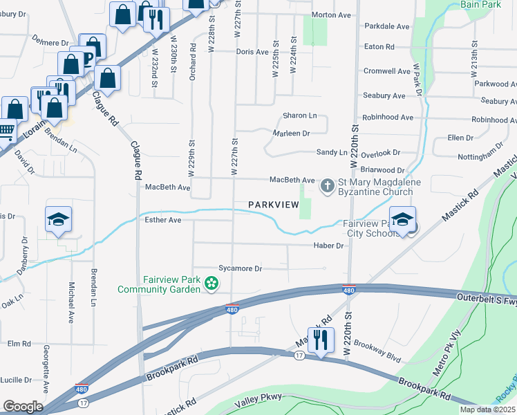 map of restaurants, bars, coffee shops, grocery stores, and more near 22565 Bard Avenue in Fairview Park