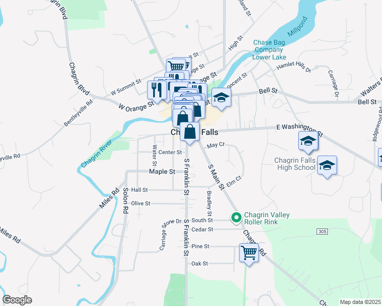 map of restaurants, bars, coffee shops, grocery stores, and more near 45 South Franklin Street in Chagrin Falls