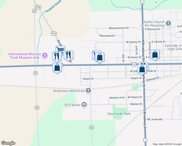 map of restaurants, bars, coffee shops, grocery stores, and more near 352 West Oak Street in Butler