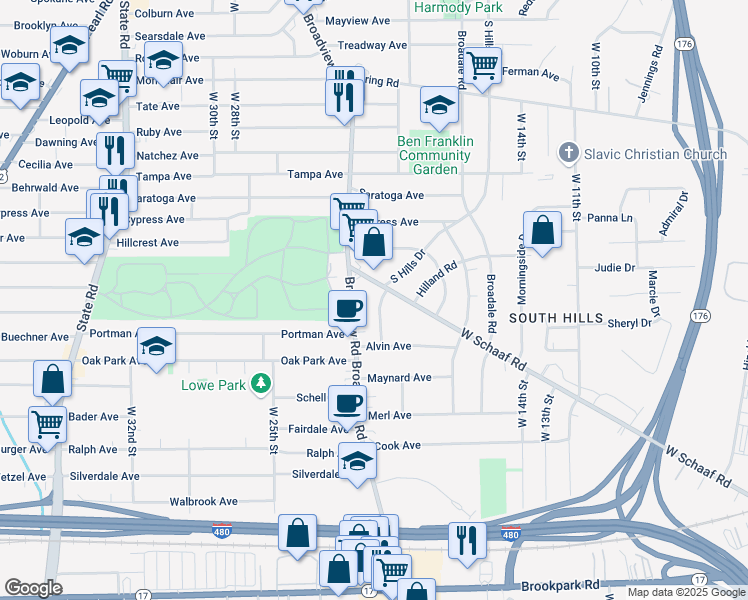map of restaurants, bars, coffee shops, grocery stores, and more near 4724 South Hills Drive in Cleveland