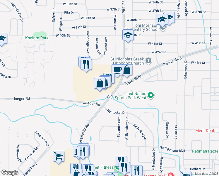 map of restaurants, bars, coffee shops, grocery stores, and more near 4320 North Leavitt Road in Lorain