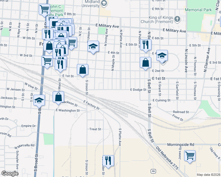 map of restaurants, bars, coffee shops, grocery stores, and more near 752 East Dodge Street in Fremont