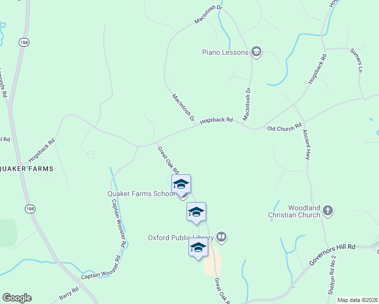 map of restaurants, bars, coffee shops, grocery stores, and more near 145 Hogs Back Road in Oxford