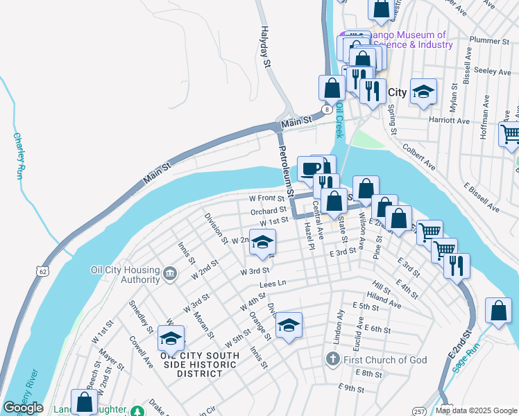 map of restaurants, bars, coffee shops, grocery stores, and more near 6 Reed St in Oil City