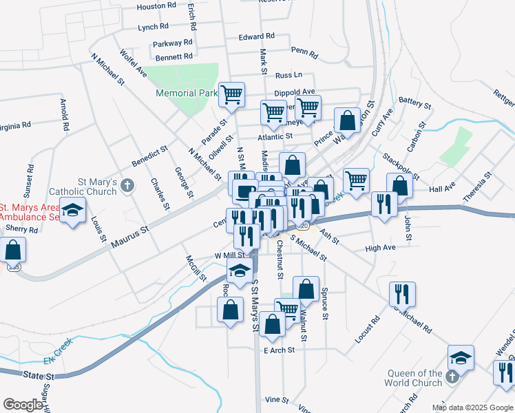 map of restaurants, bars, coffee shops, grocery stores, and more near in Saint Marys