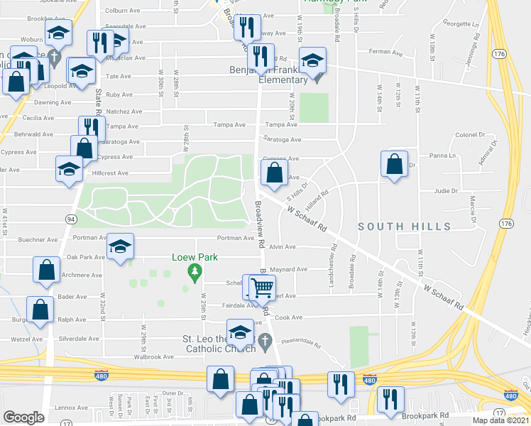 map of restaurants, bars, coffee shops, grocery stores, and more near 4687 Broadview Road in Cleveland