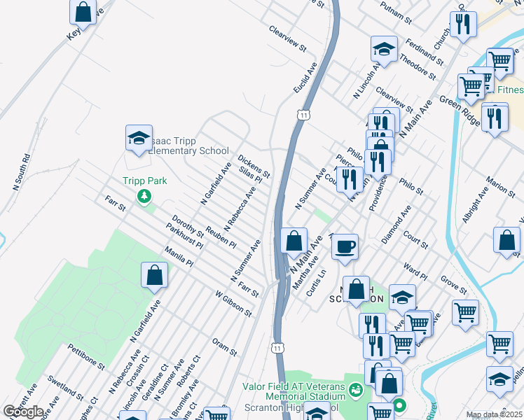 map of restaurants, bars, coffee shops, grocery stores, and more near 1047 Euclid Avenue in Scranton
