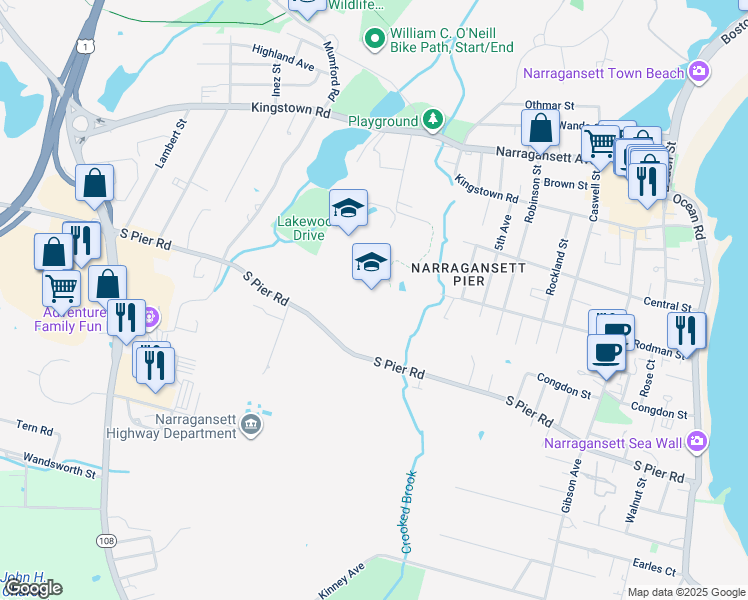 map of restaurants, bars, coffee shops, grocery stores, and more near 235 South Pier Road in Narragansett