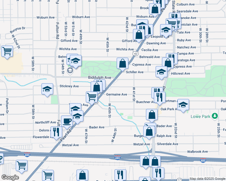 map of restaurants, bars, coffee shops, grocery stores, and more near 4409 Stickney Avenue in Cleveland
