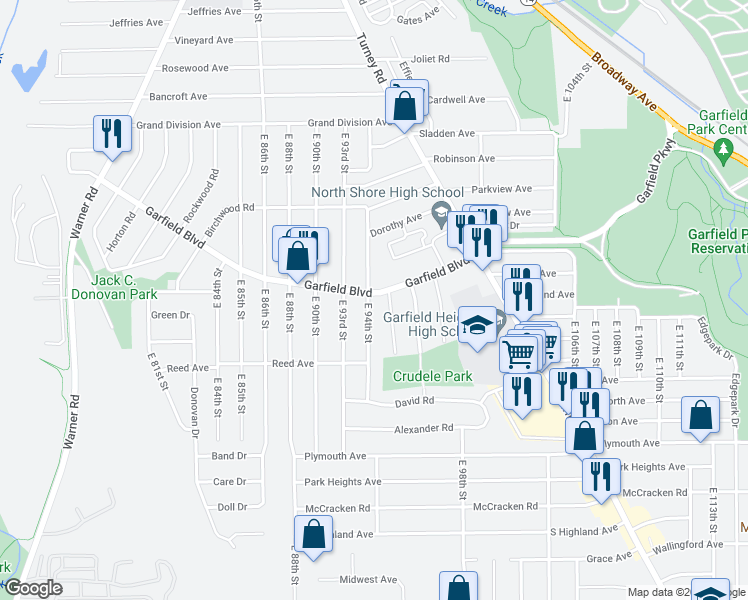 map of restaurants, bars, coffee shops, grocery stores, and more near 9400 Garfield Blvd in Cleveland