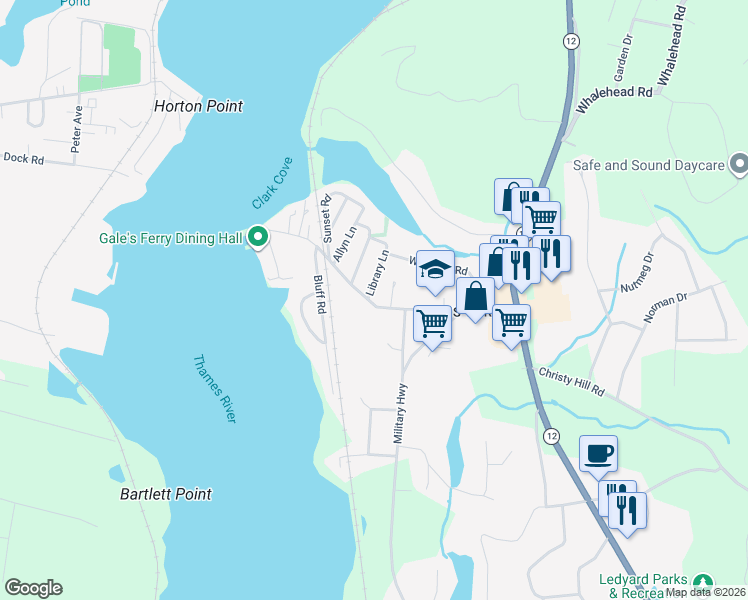 map of restaurants, bars, coffee shops, grocery stores, and more near 32R Hurlbutt Road in Ledyard