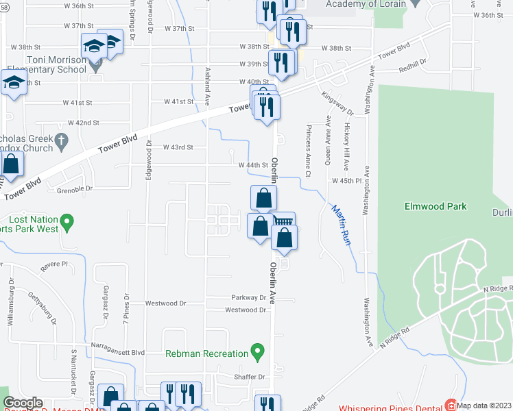 map of restaurants, bars, coffee shops, grocery stores, and more near 4590 Oberlin Avenue in Lorain