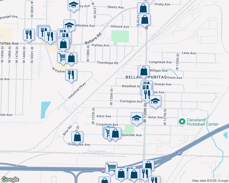 map of restaurants, bars, coffee shops, grocery stores, and more near 13440 Kirton Ave in Cleveland