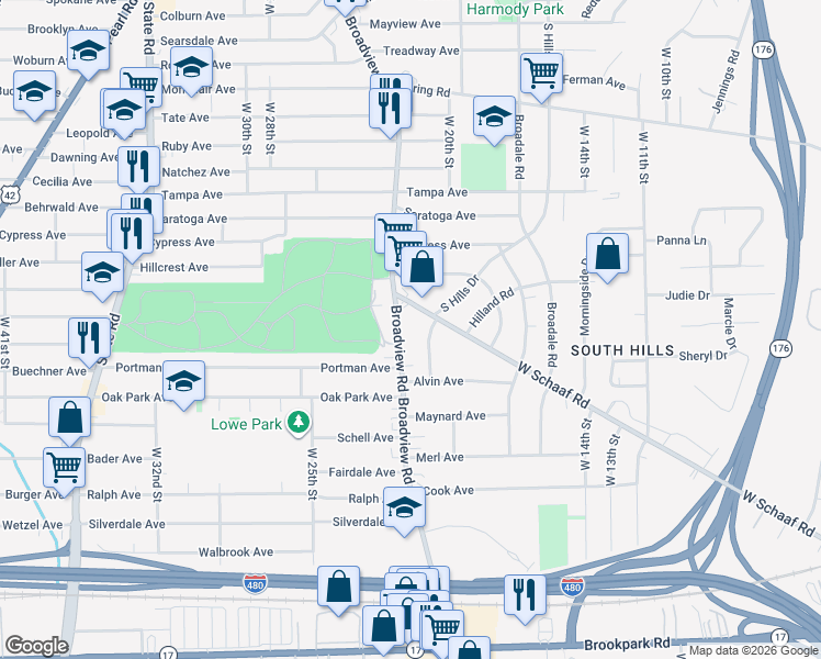 map of restaurants, bars, coffee shops, grocery stores, and more near 4724 South Hills Drive in Cleveland