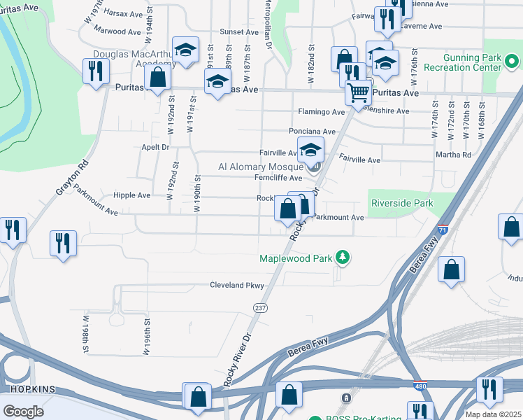 map of restaurants, bars, coffee shops, grocery stores, and more near 18400 Parkmount Avenue in Cleveland