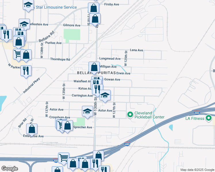 map of restaurants, bars, coffee shops, grocery stores, and more near 12828 Kirton Avenue in Cleveland