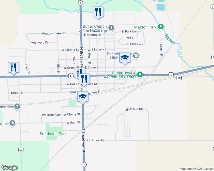 map of restaurants, bars, coffee shops, grocery stores, and more near 408 East Oak Street in Butler