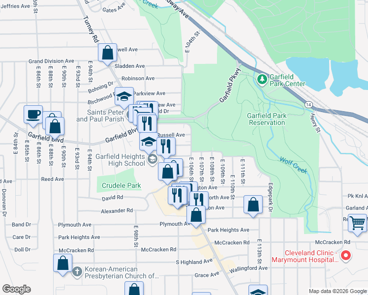 map of restaurants, bars, coffee shops, grocery stores, and more near 10400 Richland Avenue in Garfield Heights