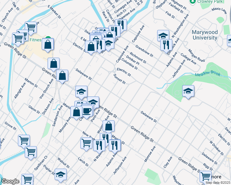 map of restaurants, bars, coffee shops, grocery stores, and more near 1709 Wyoming Avenue in Scranton