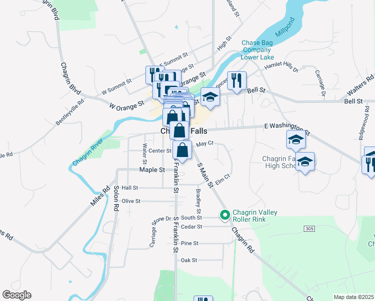 map of restaurants, bars, coffee shops, grocery stores, and more near 45 South Franklin Street in Chagrin Falls