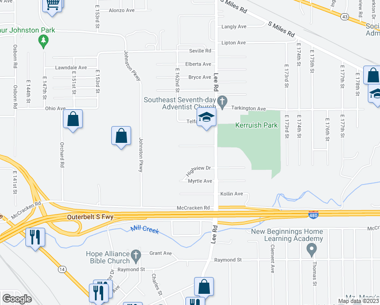 map of restaurants, bars, coffee shops, grocery stores, and more near 16220 Sunny Glen Avenue in Cleveland