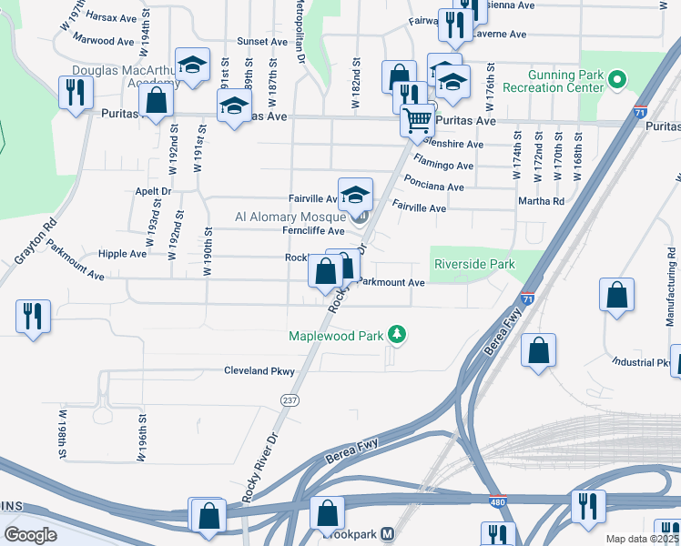 map of restaurants, bars, coffee shops, grocery stores, and more near 4664 Rocky River Drive in Cleveland