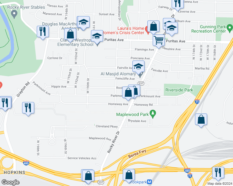 map of restaurants, bars, coffee shops, grocery stores, and more near 18400 Parkmount Avenue in Cleveland