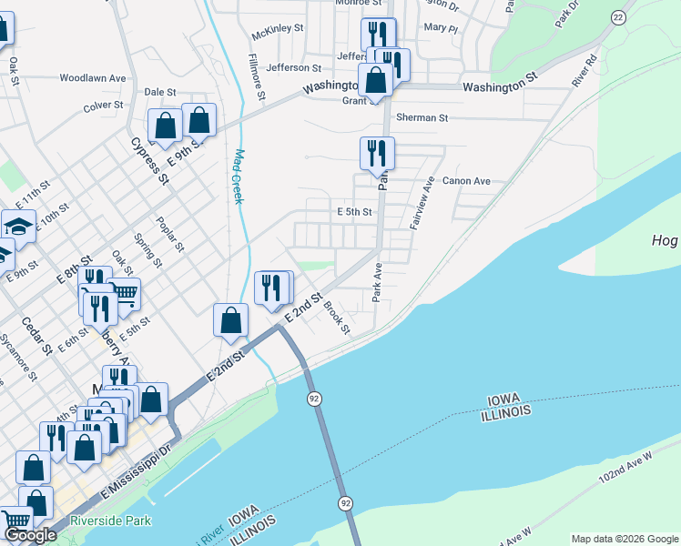 map of restaurants, bars, coffee shops, grocery stores, and more near 1215 East 2nd Street in Muscatine