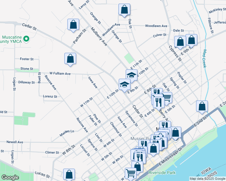 map of restaurants, bars, coffee shops, grocery stores, and more near 1010 Sycamore Street in Muscatine
