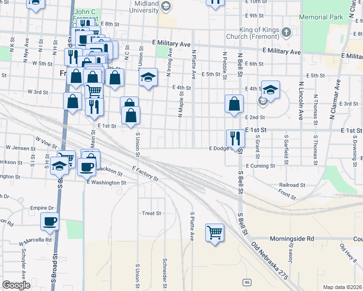 map of restaurants, bars, coffee shops, grocery stores, and more near 752 East Dodge Street in Fremont
