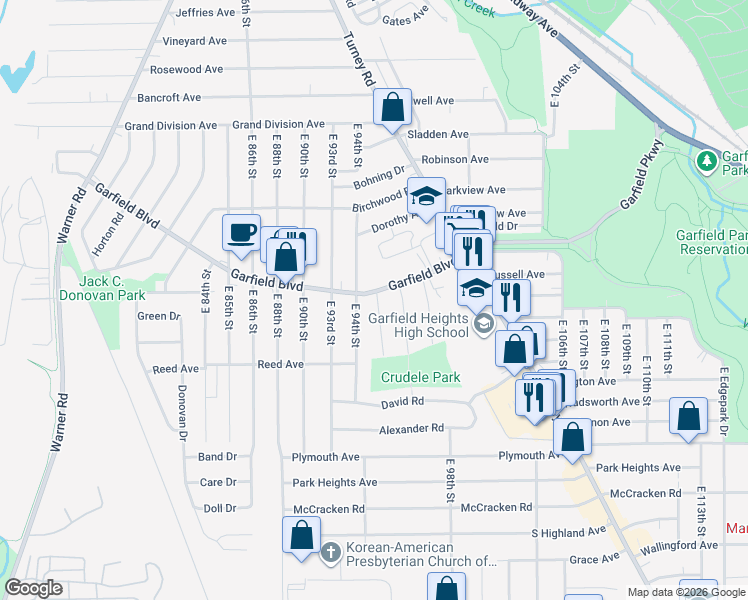 map of restaurants, bars, coffee shops, grocery stores, and more near 9416 Garfield Boulevard in Garfield Heights