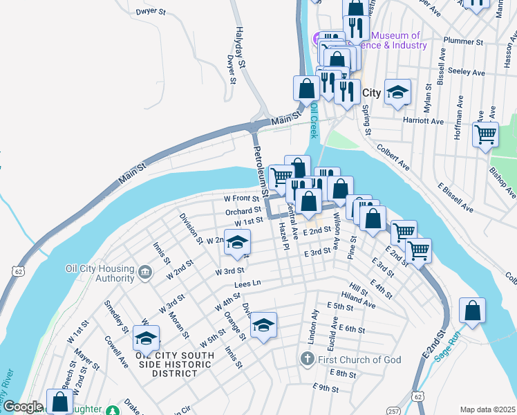 map of restaurants, bars, coffee shops, grocery stores, and more near 107 Orchard St in Oil City