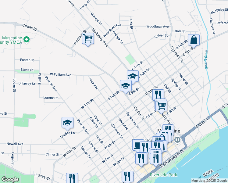 map of restaurants, bars, coffee shops, grocery stores, and more near 1010 Sycamore Street in Muscatine