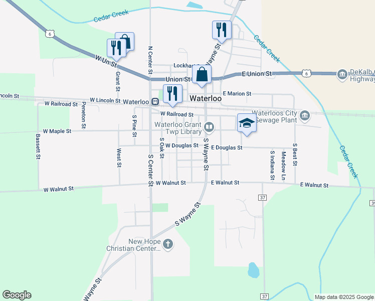 map of restaurants, bars, coffee shops, grocery stores, and more near 455 South Franklin Street in Waterloo