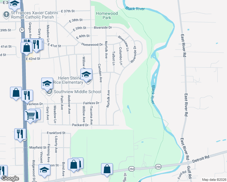 map of restaurants, bars, coffee shops, grocery stores, and more near 4514 Riverside Drive in Lorain