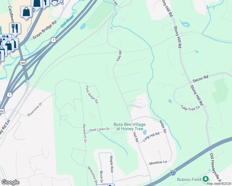 map of restaurants, bars, coffee shops, grocery stores, and more near 12 Vale Road in Brookfield