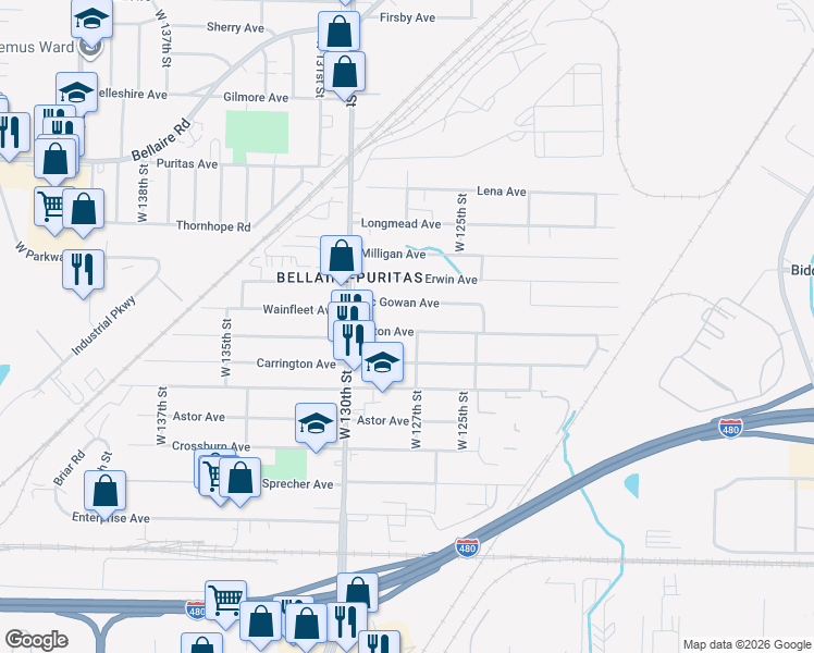 map of restaurants, bars, coffee shops, grocery stores, and more near 12720 Kirton Avenue in Cleveland