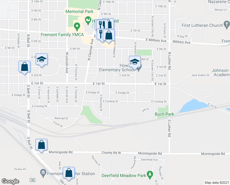 map of restaurants, bars, coffee shops, grocery stores, and more near 2021 East Dodge Street in Fremont