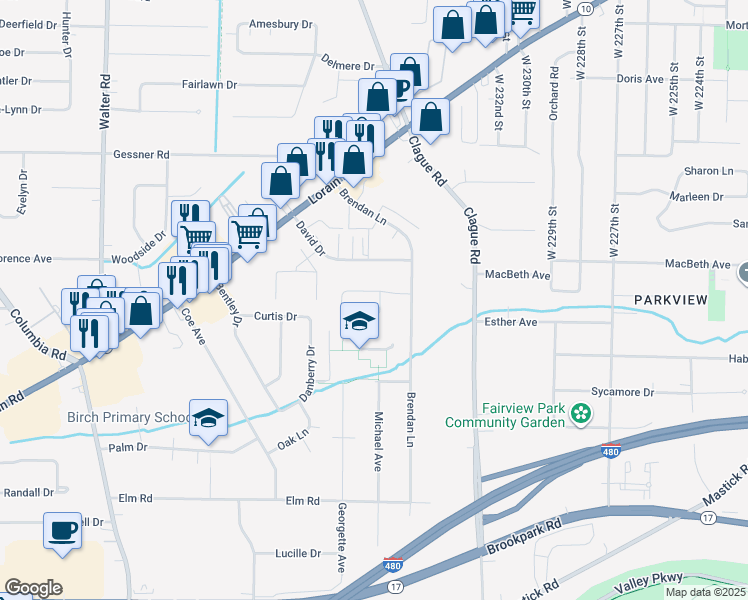 map of restaurants, bars, coffee shops, grocery stores, and more near 23543 Cedarwood Lane in North Olmsted
