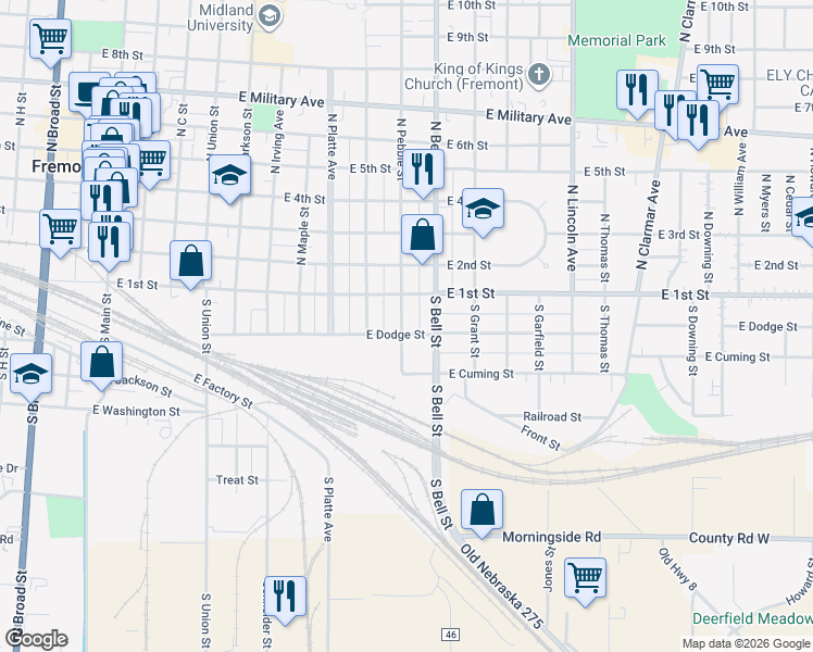 map of restaurants, bars, coffee shops, grocery stores, and more near 100 South Pebble Street in Fremont