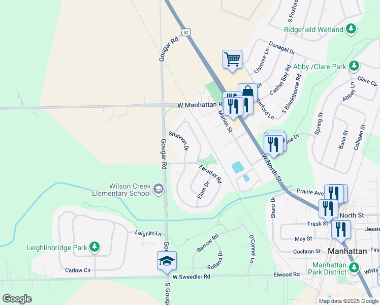 map of restaurants, bars, coffee shops, grocery stores, and more near 25259 Shannon Drive in Manhattan