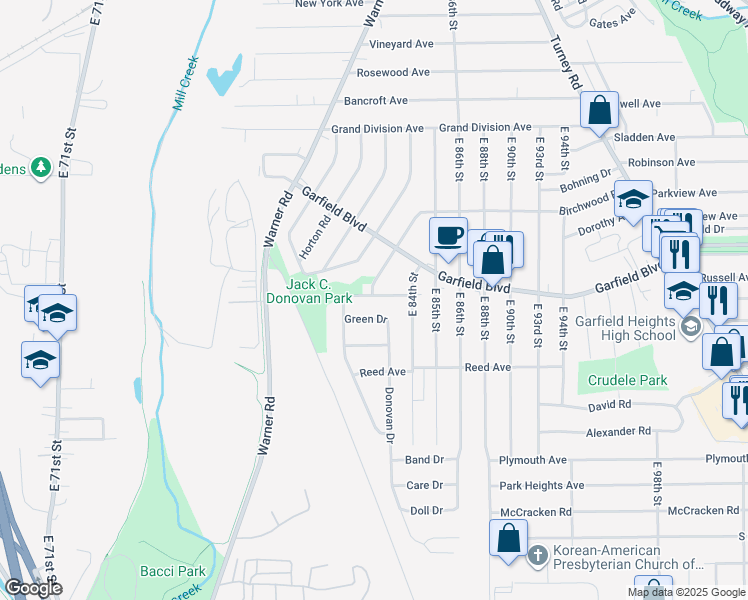 map of restaurants, bars, coffee shops, grocery stores, and more near 8212 Vista Avenue in Garfield Heights