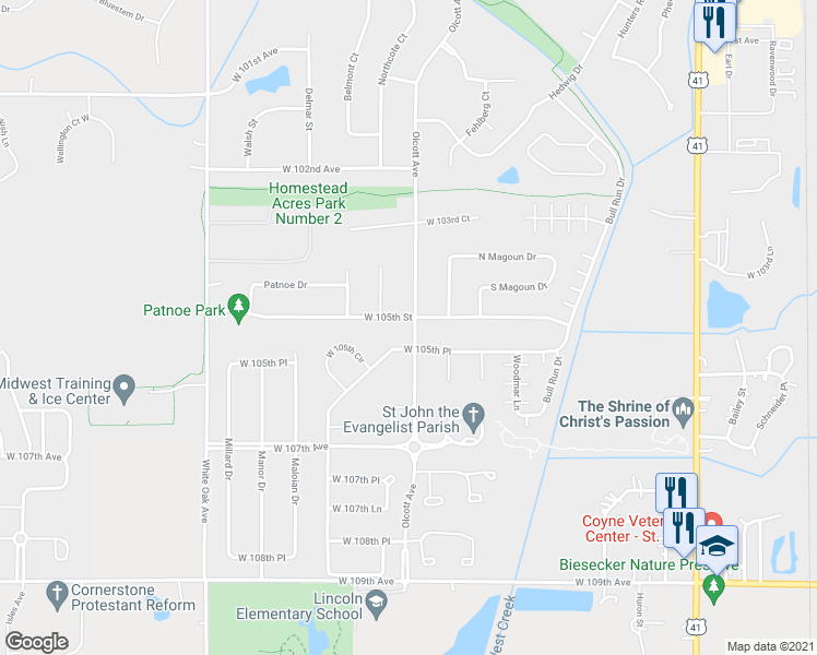 map of restaurants, bars, coffee shops, grocery stores, and more near 12123 West 105th Street in Saint John