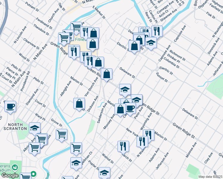 map of restaurants, bars, coffee shops, grocery stores, and more near 1535 Sanderson Avenue in Scranton