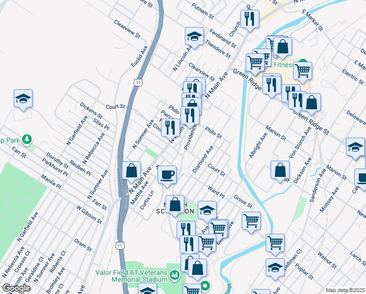 map of restaurants, bars, coffee shops, grocery stores, and more near Hull Court in Scranton