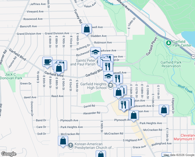 map of restaurants, bars, coffee shops, grocery stores, and more near 4871 East 97th Street in Garfield Heights