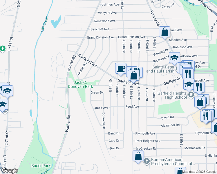 map of restaurants, bars, coffee shops, grocery stores, and more near 4812 East 84th Street in Garfield Heights
